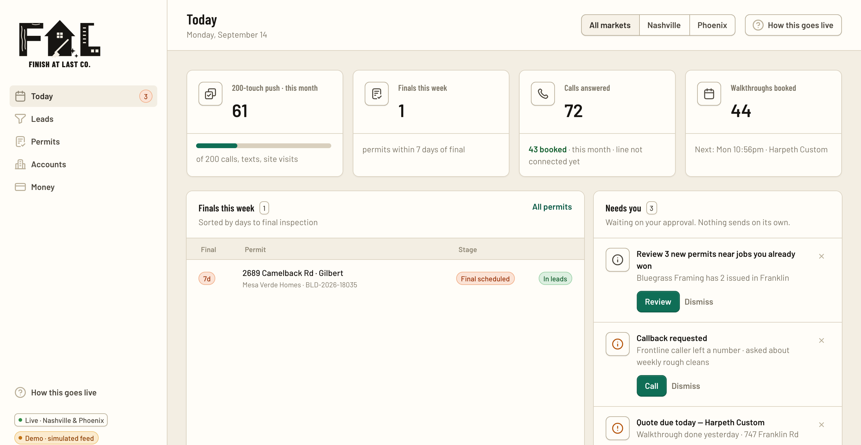 The Command Center Today screen: finals this week, the approval queue, pipeline and live feed